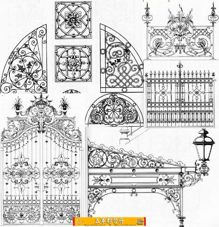 【营】欧洲传统建筑铁门铁窗栅栏花架等铁艺造型线描图谱（英）