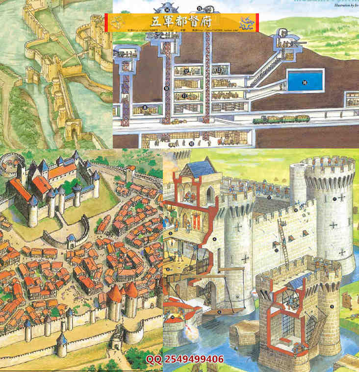 中世纪城堡防御建筑布局图文素材